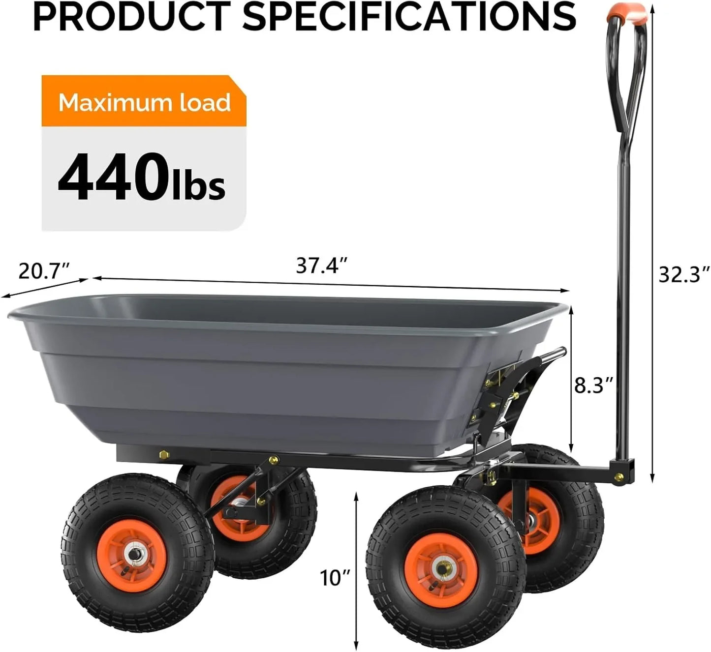 Dump Cart Wagon, 600LBS Quick-Release Dump Wheelbarrow, All-Terrain 10" Tires Garden Wagon for Yard, Lawn and Outdoor Use