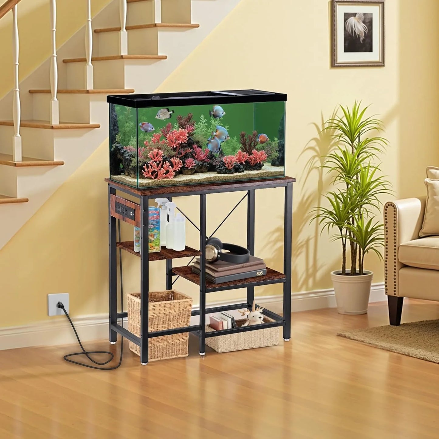 20-29-37 Gallon Fish Tank Stand with 3-Tier Adjustable Storage Shelves and Power Outlet, Reptile Tank Stand, 30.7" L*13.7"
