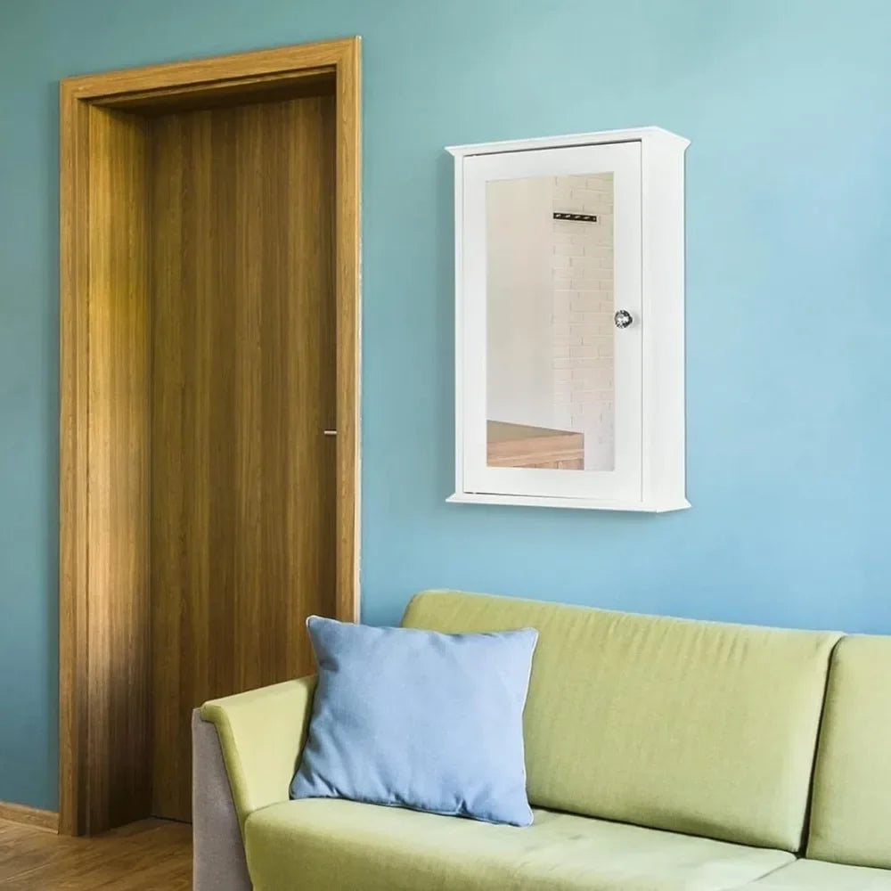Wooden Medicine Cabinet White Wall Mounted Bathroom Cabinet with Single Mirror Door & Adjustable Shelves for Bathroom, Living Ro