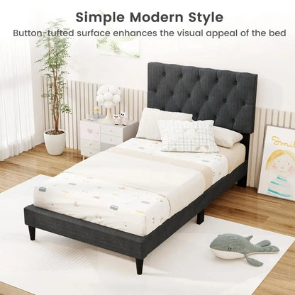 Twin Size Bed Frame with Button-Tufted Headboard & Wooden Slats Easy Assembly