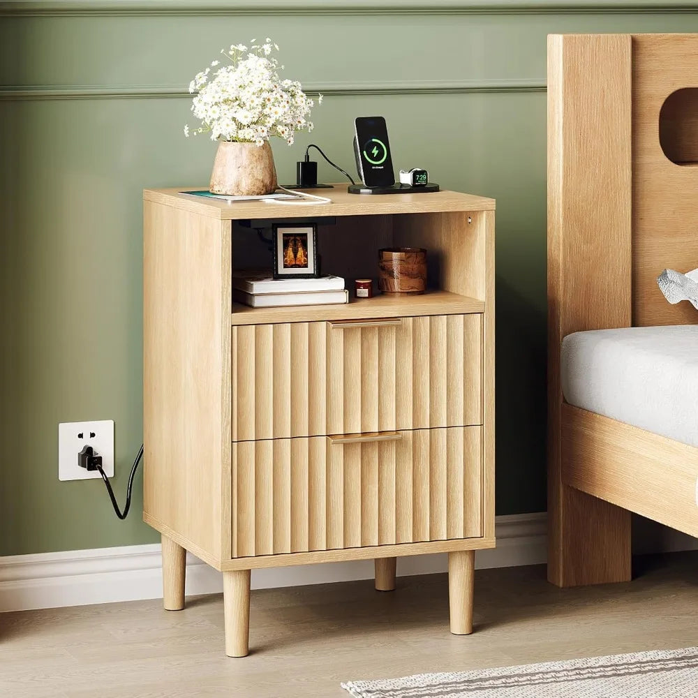 Night Stand with Charging Station & Led Light, 19" W Fluted Nightstand Round Edge, Wood Nightstand Mid Century Modern End Table,