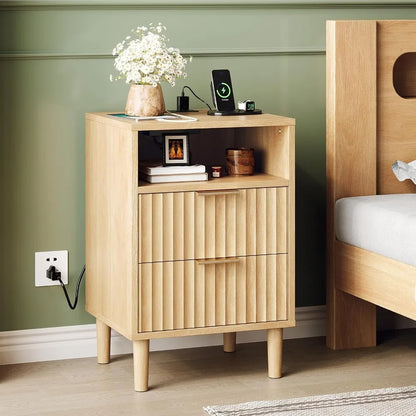 Night Stand with Charging Station & Led Light, 19" W Fluted Nightstand Round Edge, Wood Nightstand Mid Century Modern End Table,