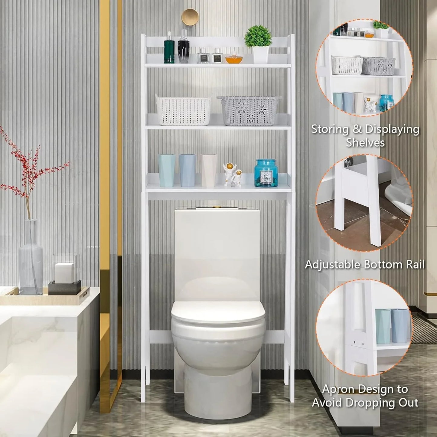 3 Tiers Over The Toilet Bathroom Storage Shelf, Freestanding Wooden Bathroom Organizer Rack with Shelves for Laundry