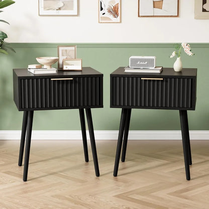Night Stand with Charging Station & Led Light, 19" W Fluted Nightstand Round Edge, Wood Nightstand Mid Century Modern End Table,