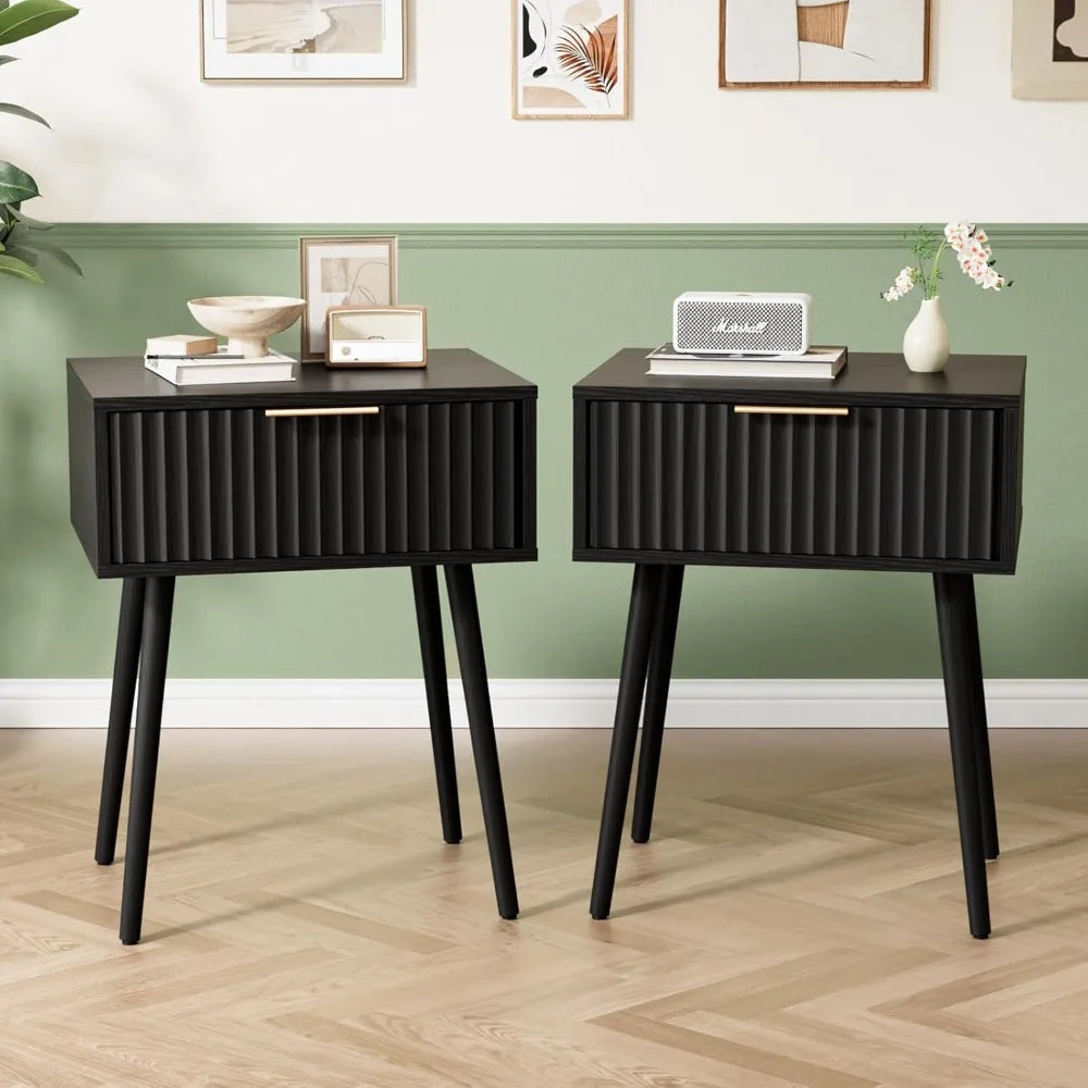 Black Nightstands Set of 2 with Fabric Drawers, Fluted Nightstands with Charging Station, Night Stand Set of 2, Small Bedside Ta