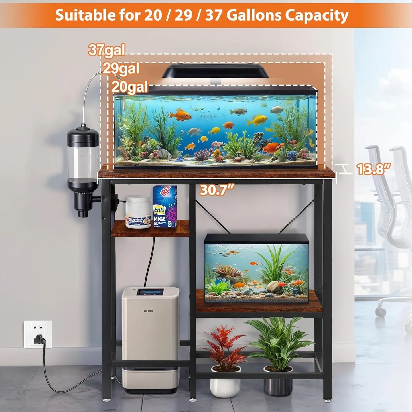20-29-37 Gallon Fish Tank Stand with 3-Tier Adjustable Storage Shelves and Power Outlet, Reptile Tank Stand, 30.7" L*13.7"