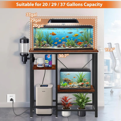 20-29-37 Gallon Fish Tank Stand with 3-Tier Adjustable Storage Shelves and Power Outlet, Reptile Tank Stand, 30.7" L*13.7"