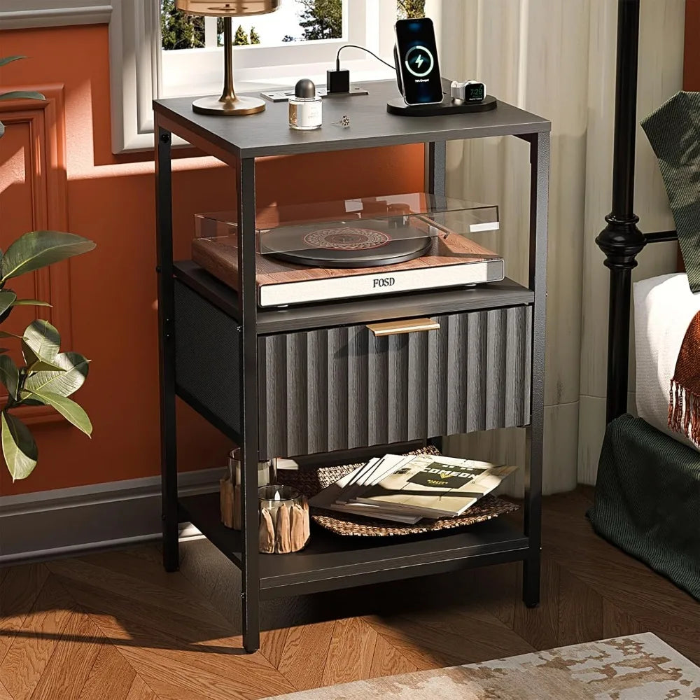 Night Stand with Charging Station & Led Light, 19" W Fluted Nightstand Round Edge, Wood Nightstand Mid Century Modern End Table,