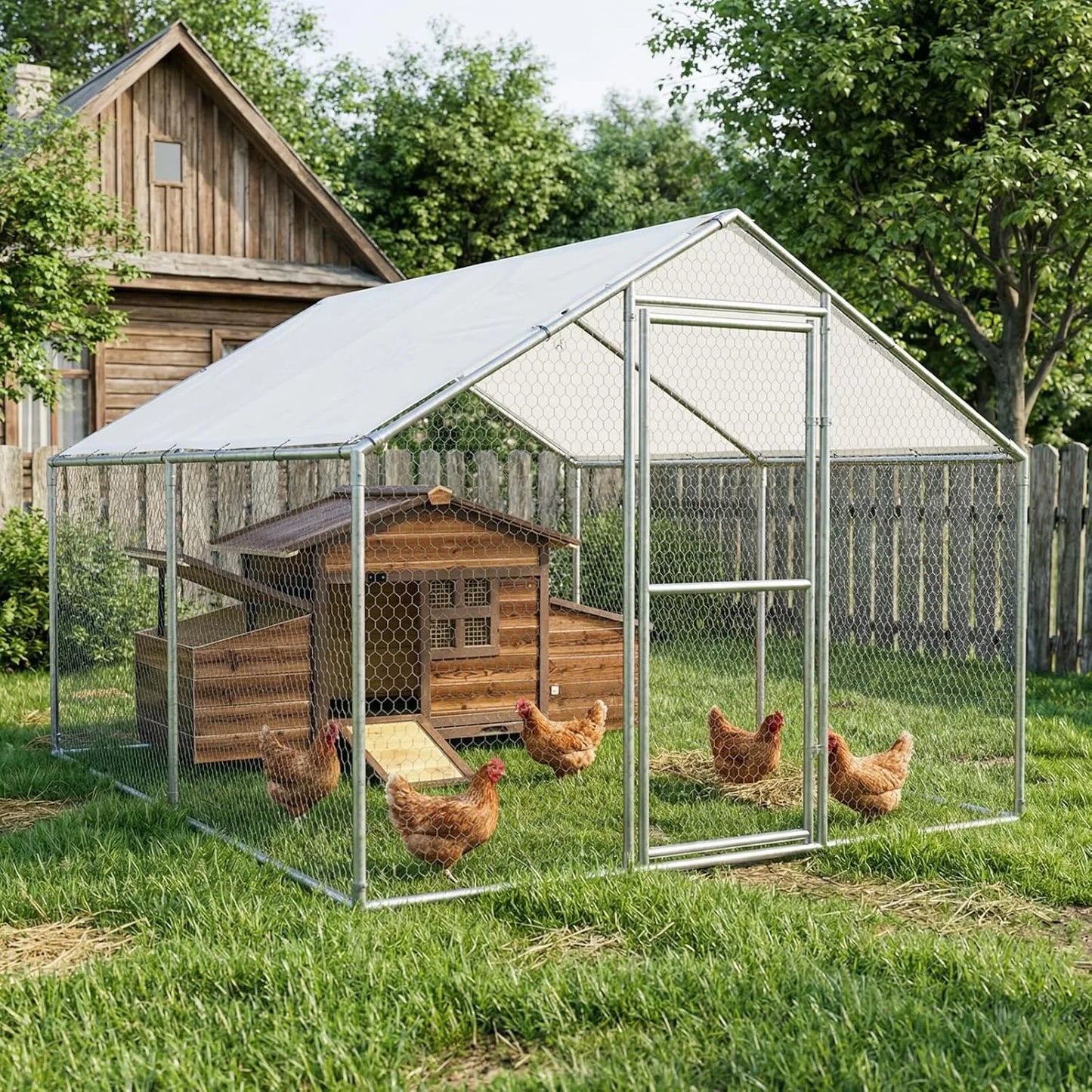 Chicken Coop with 2 Nesting Boxes, Large Outdoor Wooden Chicken Hen House Cages for 2 Chickens, Easy Clean Poultry Hutch for Bac