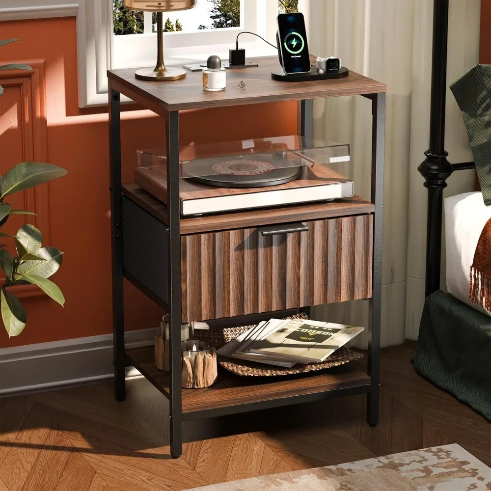 Night Stand with Charging Station & Led Light, 19" W Fluted Nightstand Round Edge, Wood Nightstand Mid Century Modern End Table,