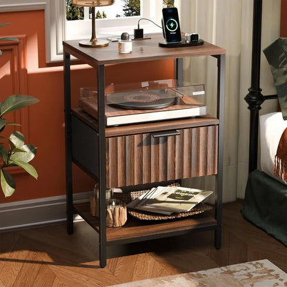 Night Stand with Charging Station & Led Light, 19" W Fluted Nightstand Round Edge, Wood Nightstand Mid Century Modern End Table,