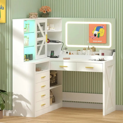 L-Shaped Corner Vanity Desk with LED Lighted Mirror & Charging Station, White Makeup Vanity with 6 Drawers & Sliding RGB Cabinet