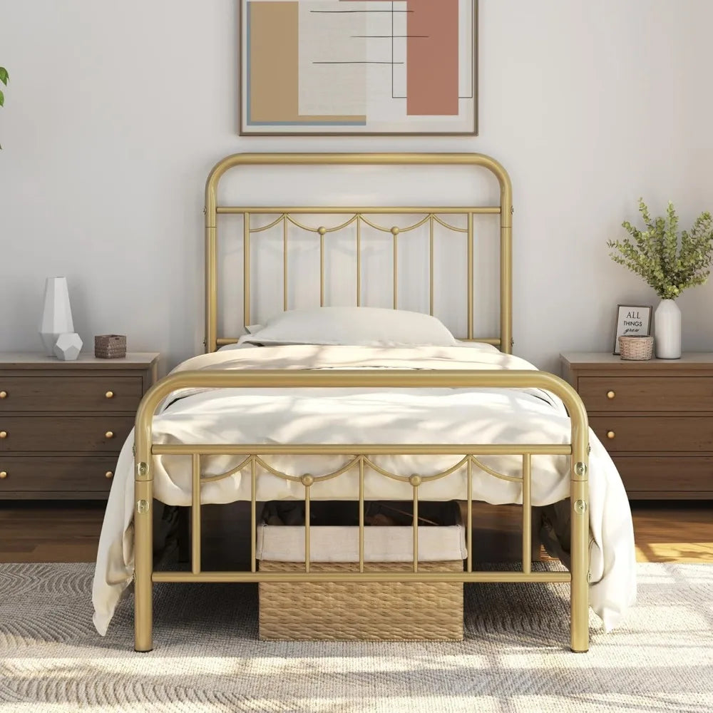 Metal Bed Frames with Vintage Headboard and Footboard, Farmhouse Metal Platform Bed, Heavy Duty Steel Slat Support, Ample Under-