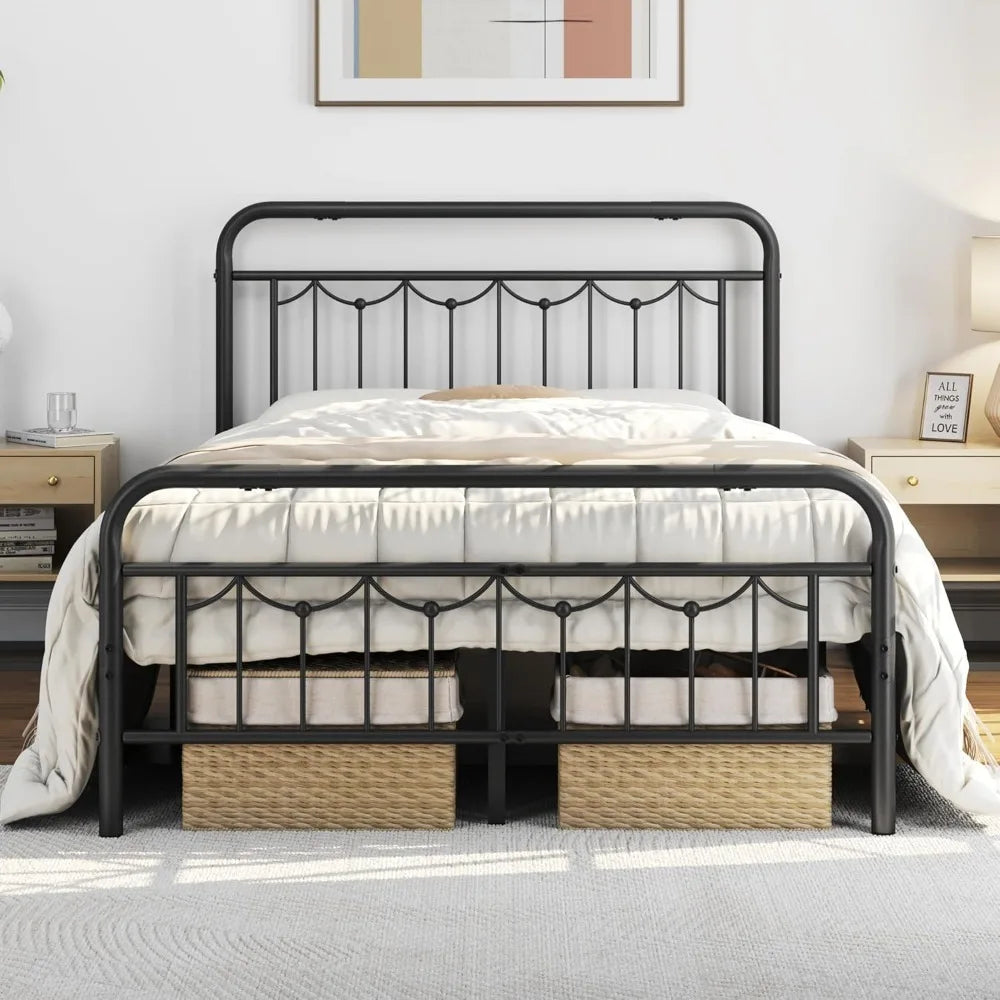 Metal Bed Frames with Vintage Headboard and Footboard, Farmhouse Metal Platform Bed, Heavy Duty Steel Slat Support, Ample Under-