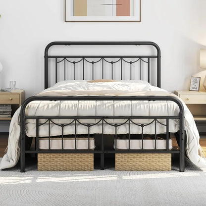 Metal Bed Frames with Vintage Headboard and Footboard, Farmhouse Metal Platform Bed, Heavy Duty Steel Slat Support, Ample Under-