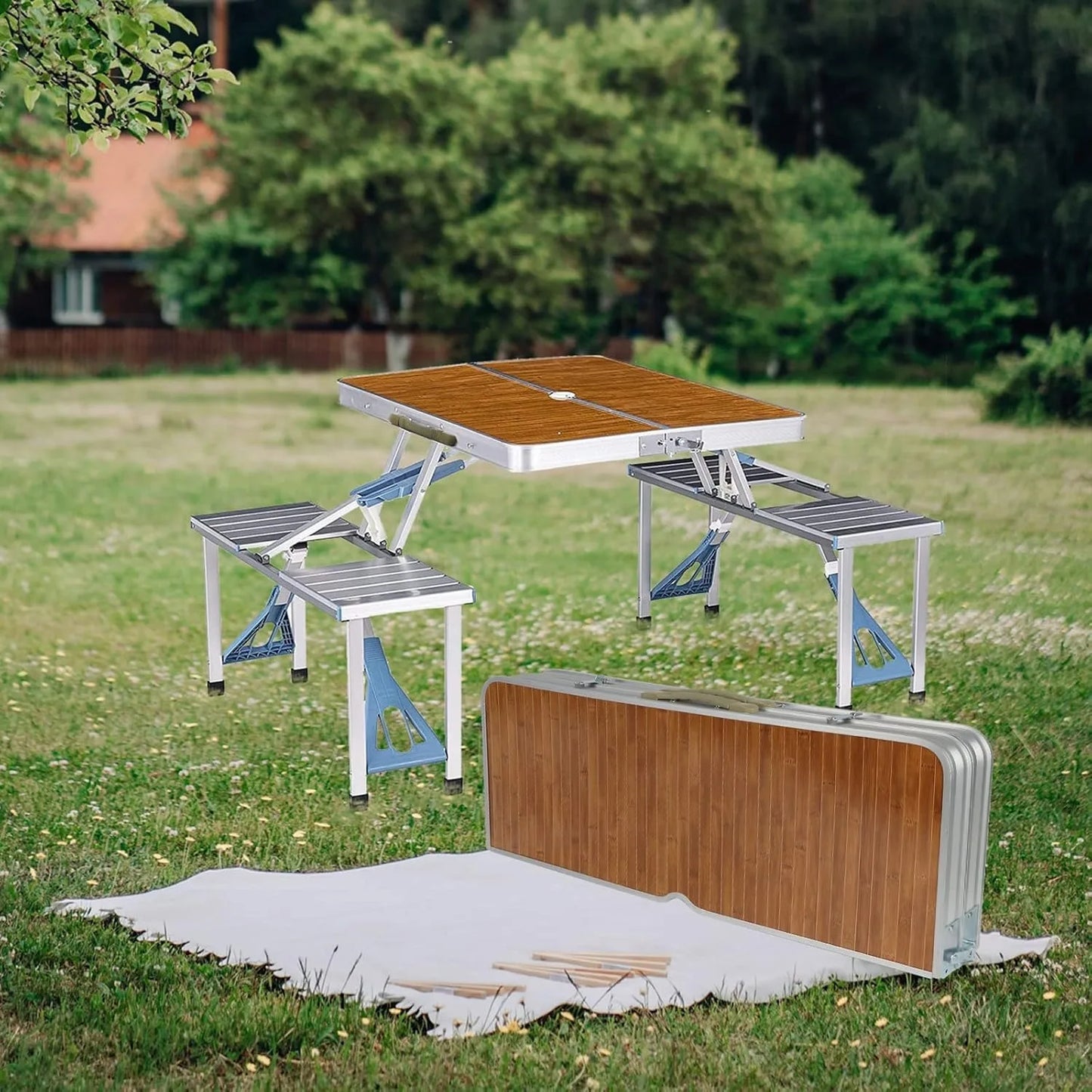 Folding Picnic Table with Seats Chairs and Umbrella Hole, Portable 4-Person Fold Up Travel Picnic Table for Indoor Out
