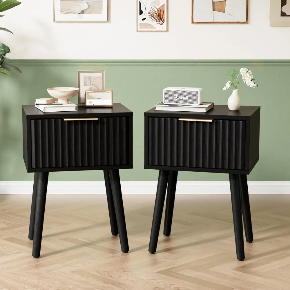 Night Stand with Charging Station & Led Light, 19" W Fluted Nightstand Round Edge, Wood Nightstand Mid Century Modern End Table,