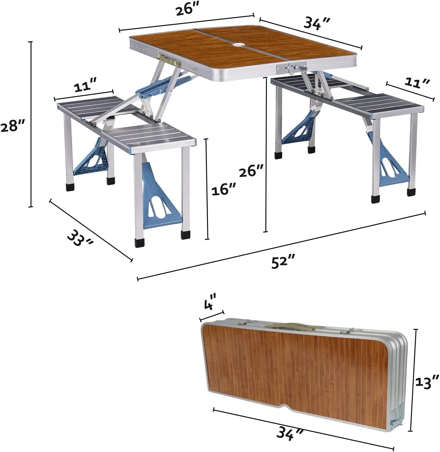 Folding Picnic Table with Seats Chairs and Umbrella Hole, Portable 4-Person Fold Up Travel Picnic Table for Indoor Out