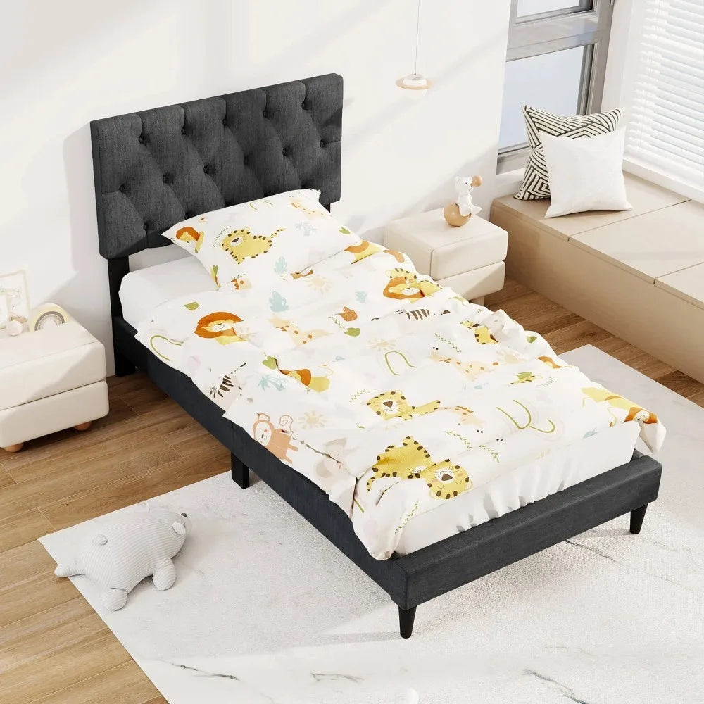 Twin Size Bed Frame with Button-Tufted Headboard & Wooden Slats Easy Assembly