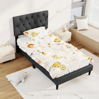 Twin Size Bed Frame with Button-Tufted Headboard & Wooden Slats Easy Assembly