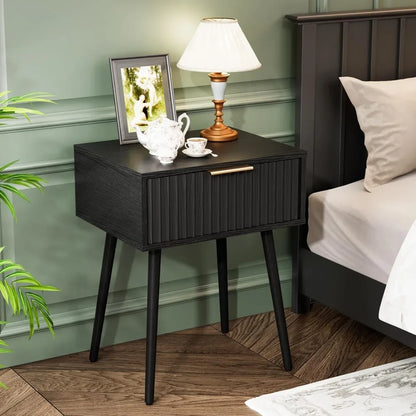 Night Stand with Charging Station & Led Light, 19" W Fluted Nightstand Round Edge, Wood Nightstand Mid Century Modern End Table,