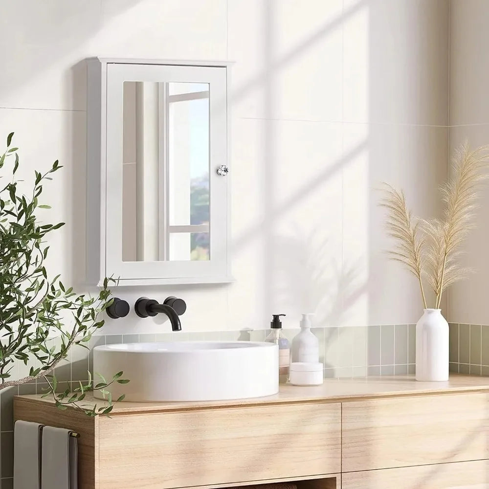 Wooden Medicine Cabinet White Wall Mounted Bathroom Cabinet with Single Mirror Door & Adjustable Shelves for Bathroom, Living Ro