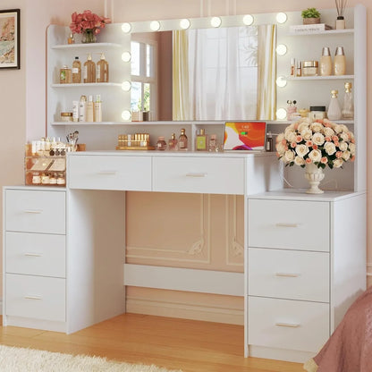 Large Vanity Desk with Mirror， White Makeup Vanity with 8 Drawers & 6 Storage Shelves, Vanity Set