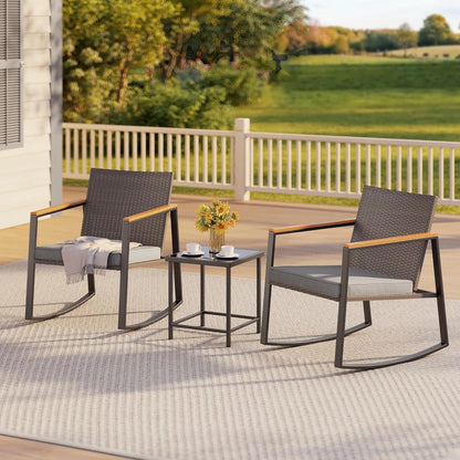3 Pieces Rocking Patio Bistro Set with Anti-Scald Armrest, Outdoor Patio Wicker Furniture Set with Glass Table and Cushio