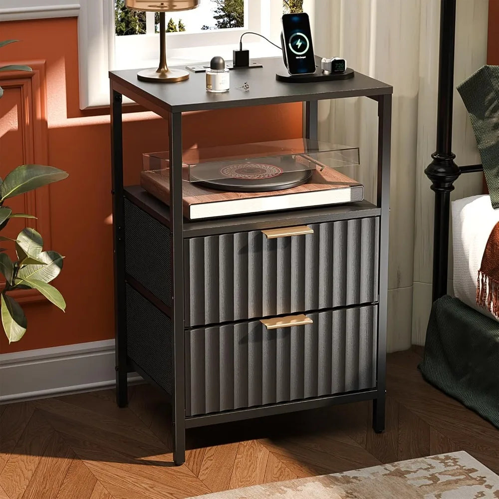 Black Nightstands Set of 2 with Fabric Drawers, Fluted Nightstands with Charging Station, Night Stand Set of 2, Small Bedside Ta