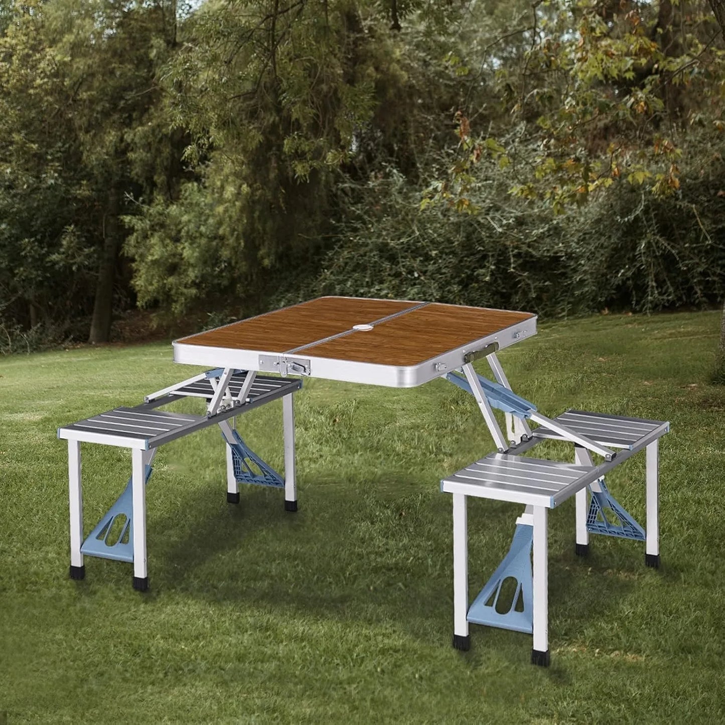 Folding Picnic Table with Seats Chairs and Umbrella Hole, Portable 4-Person Fold Up Travel Picnic Table for Indoor Out
