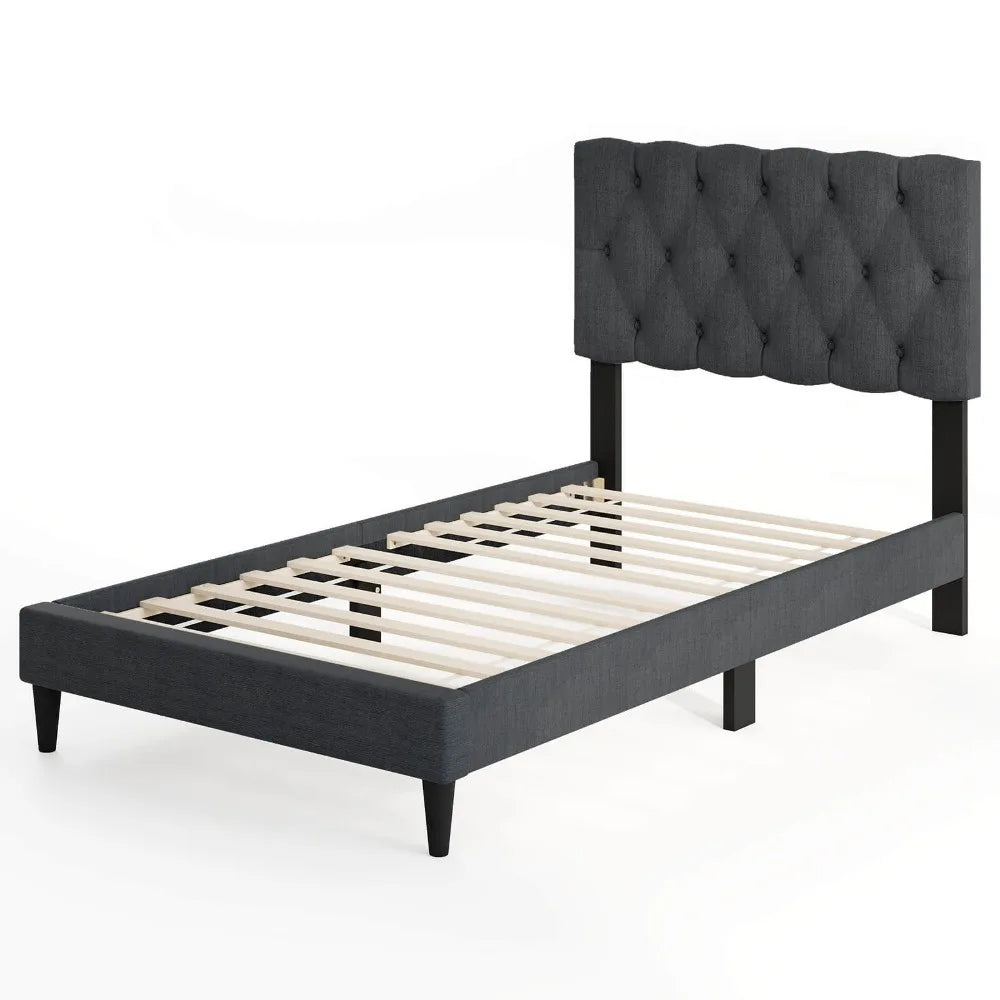 Twin Size Bed Frame with Button-Tufted Headboard & Wooden Slats Easy Assembly