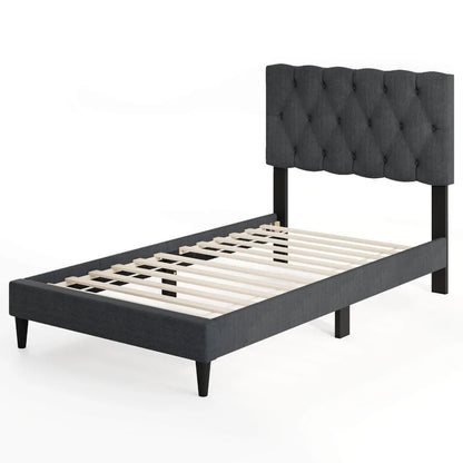 Twin Size Bed Frame with Button-Tufted Headboard & Wooden Slats Easy Assembly