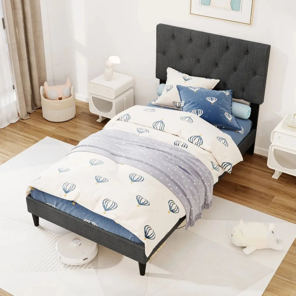Twin Size Bed Frame with Button-Tufted Headboard & Wooden Slats Easy Assembly