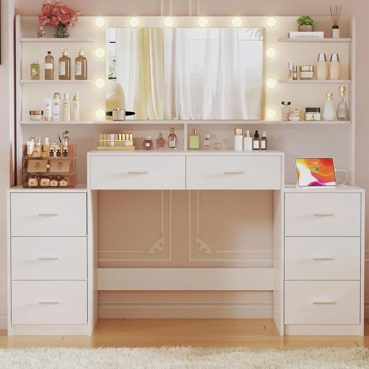Large Vanity Desk with Mirror， White Makeup Vanity with 8 Drawers & 6 Storage Shelves, Vanity Set