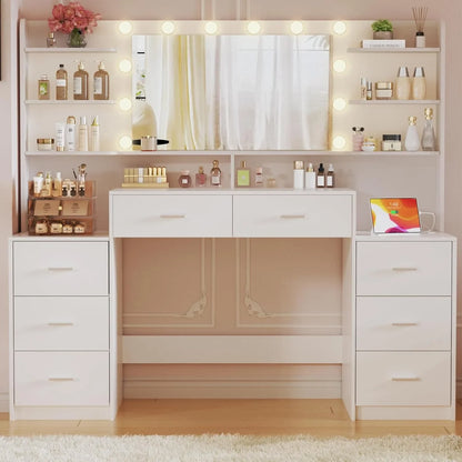 Large Vanity Desk with Mirror， White Makeup Vanity with 8 Drawers & 6 Storage Shelves, Vanity Set
