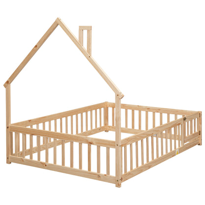 Full House-Shaped Headboard Floor Bed with Fence Natural