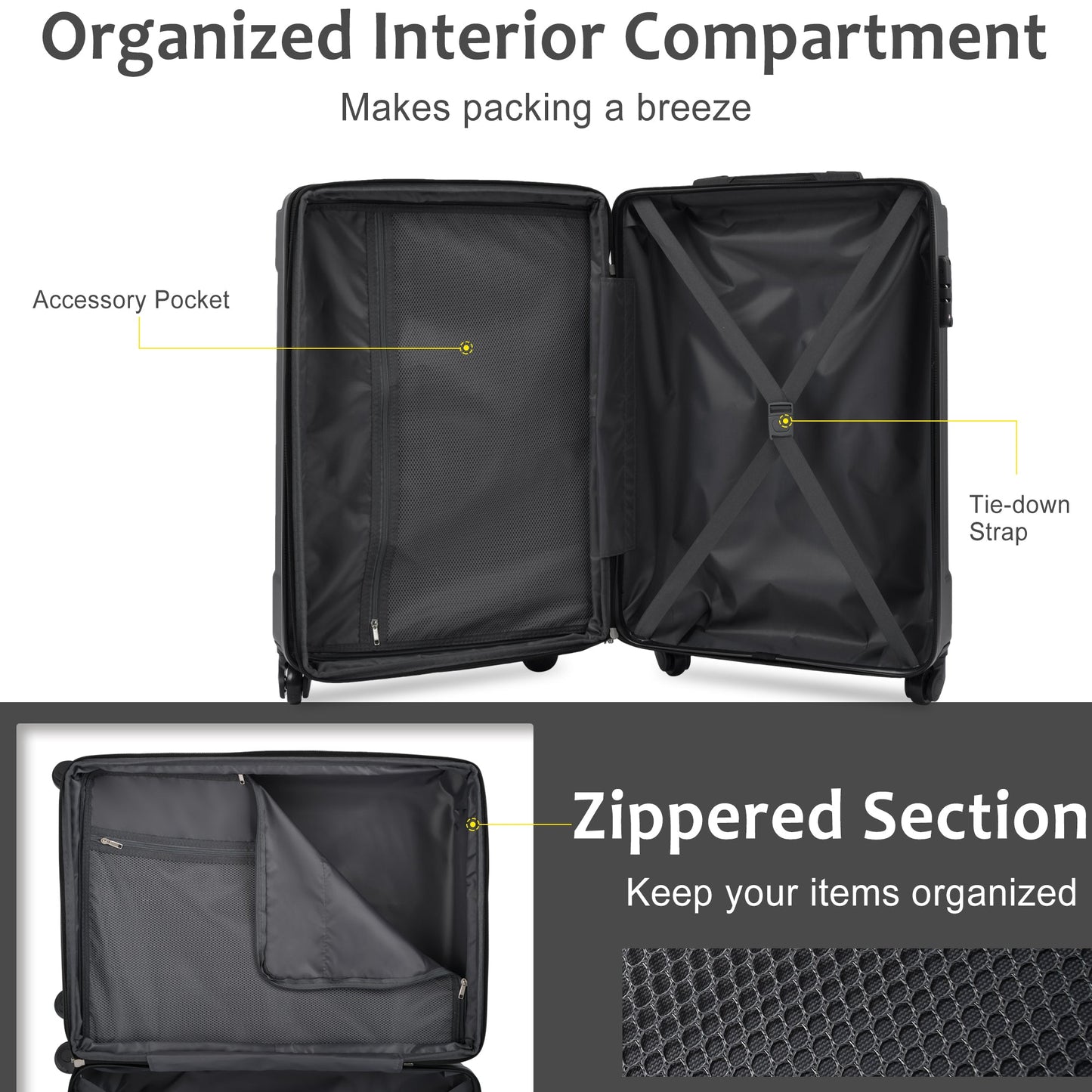 Hardshell Luggage Spinner Suitcase with TSA Lock Lightweight 20'' (Single Luggage) Black + ABS + 20 Inch Carry On