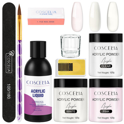 COSCELIA New 120g White Powder Transparent Crystal Powder 150ML Crystal Liquid Nail Shop Nail Tool Set
