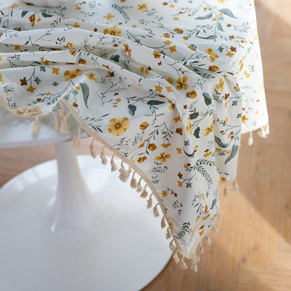 Pure Cotton Literary Nordic Japanese Tassel Tablecloth Printing Cover Towel Broken Flower Rectangular Tablecloth