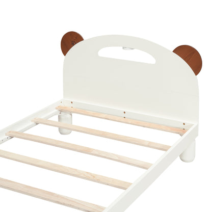 Twin Size Platform Bed with Bear Ears Shaped Headboard and LED Cream White