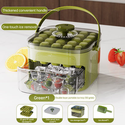 50-grid ice maker with new large capacity - household food-grade plastic double-layer ice storage barrel & ice ball mold set