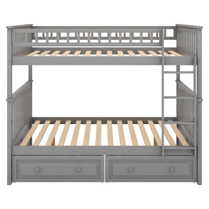Full over Full Bunk Bed with Drawers, Convertible Beds  Gray