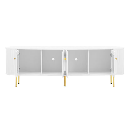 U-Can Modern TV Stand for TVs up to 80 Inches, Entertainment Center with 4 Cabinets, Wood with Metal Legs and Handles White