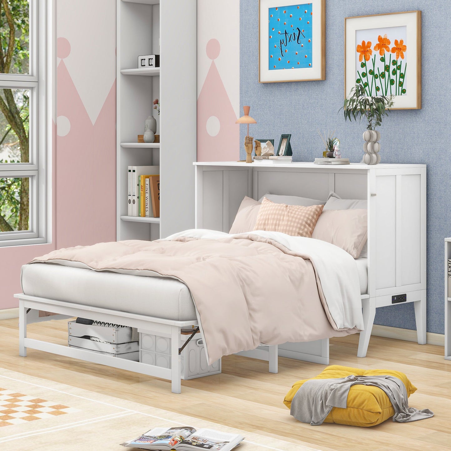 Queen Size Murphy Bed with Built-In Charging Station and a Shelf  White