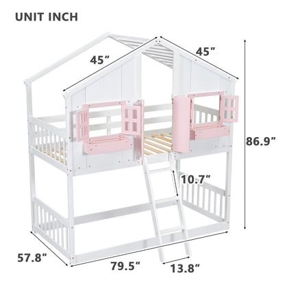 Twin over Twin House Bunk Bed with Roof , Window, Window Box, Door , with Safety Guardrails and Ladder, Pink/White