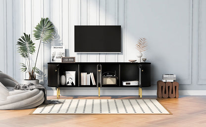 U-Can Modern TV Stand for TVs up to 80 Inches with 4 Cabinets with Metal Legs and Handles for Living room, Black