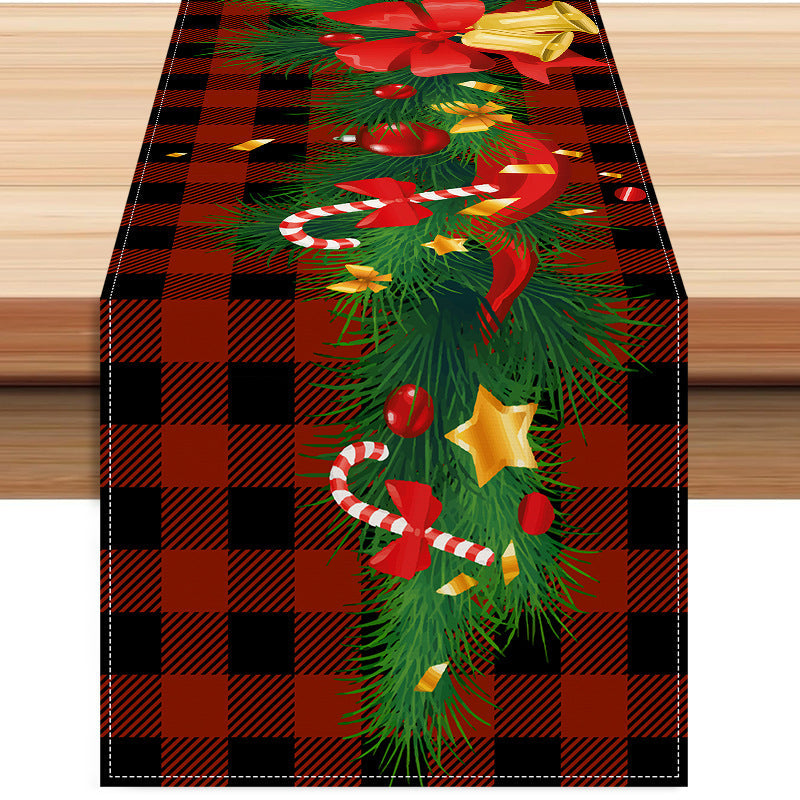 New Christmas table flag white linen bell printed tablecloth red and black checkered home decoration tablecloth pad