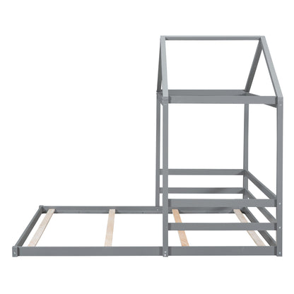 Wood Full Size House Bed with Guardrail, Grey