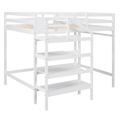 Full Size Loft Bed with Built-in Storage Staircase and Hanger for Clothes  White