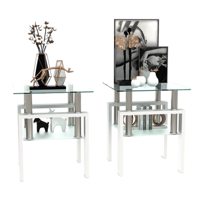 Set of 2, Modern Tempered Glass Tea Table Coffee Table End Table, Square Table for Living Room, Transparent/White